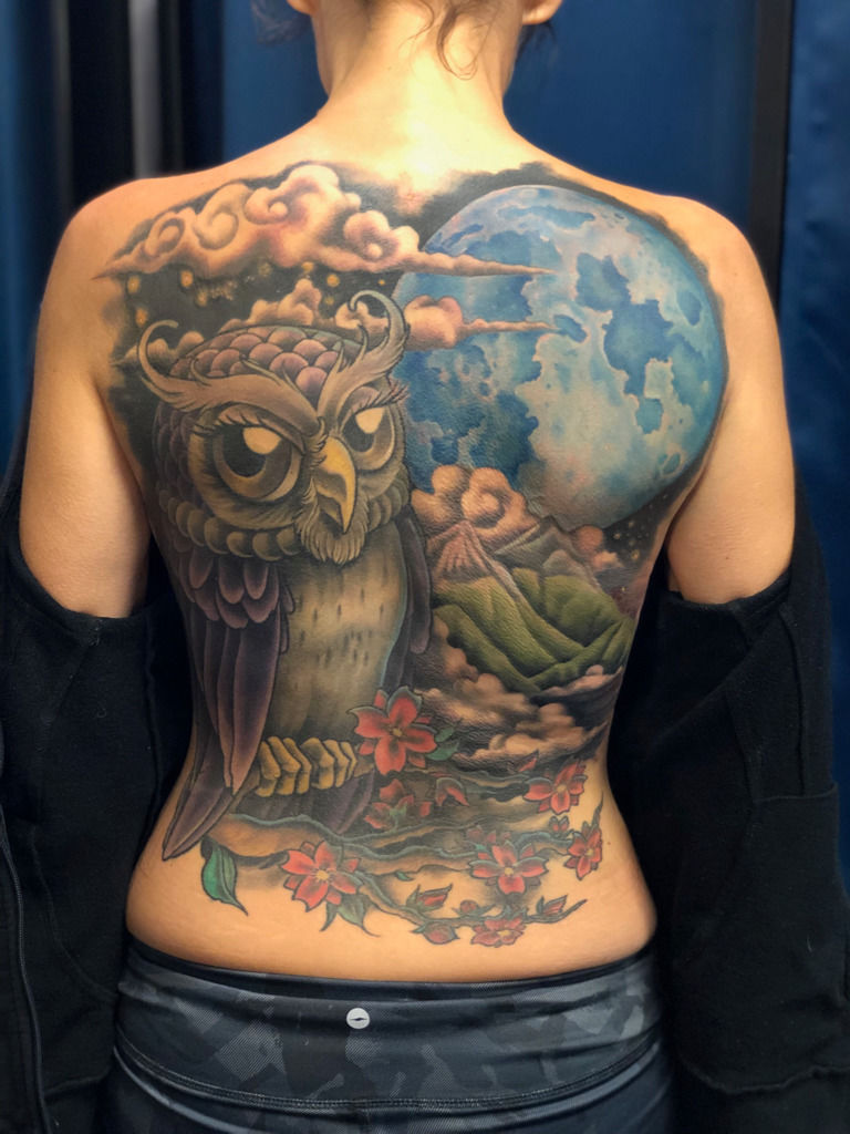 Guru Tattoo - Owl back piece that started and ended in 2 days back in  January executed by @nathanieltattoo 🦉💫. To book with @nathanieltattoo  for the future you can DM or email