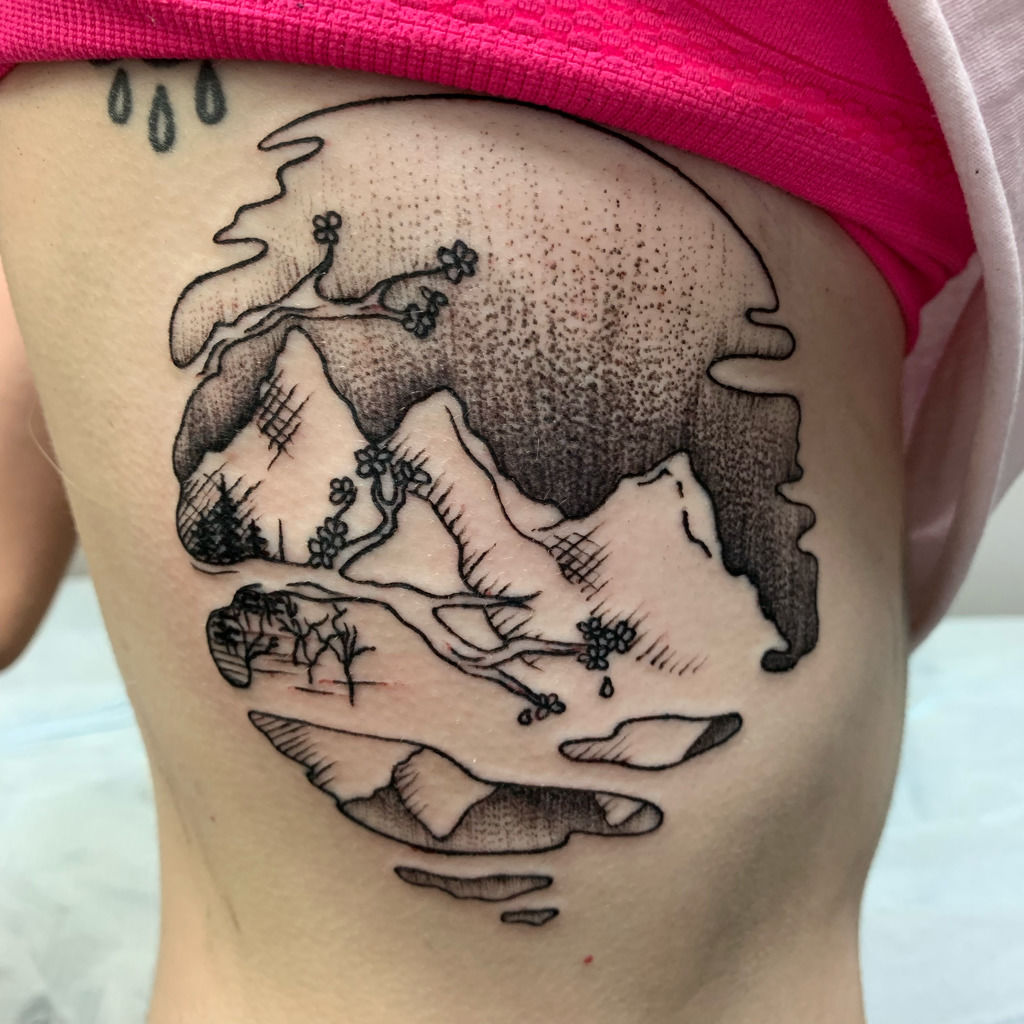 justinemurasky:mountain-scenery-made-from-clients-sketch-tattoo-tattoos- mountains-scenery-tattoo-stipple