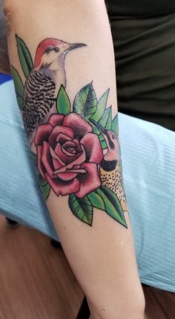 Jim Tran - Roses, hummingbird, and bee. Half sleeve added... | Facebook