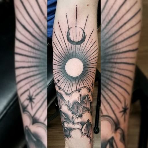 Geometric mountains and dotted sun tattoo  Tattoogridnet