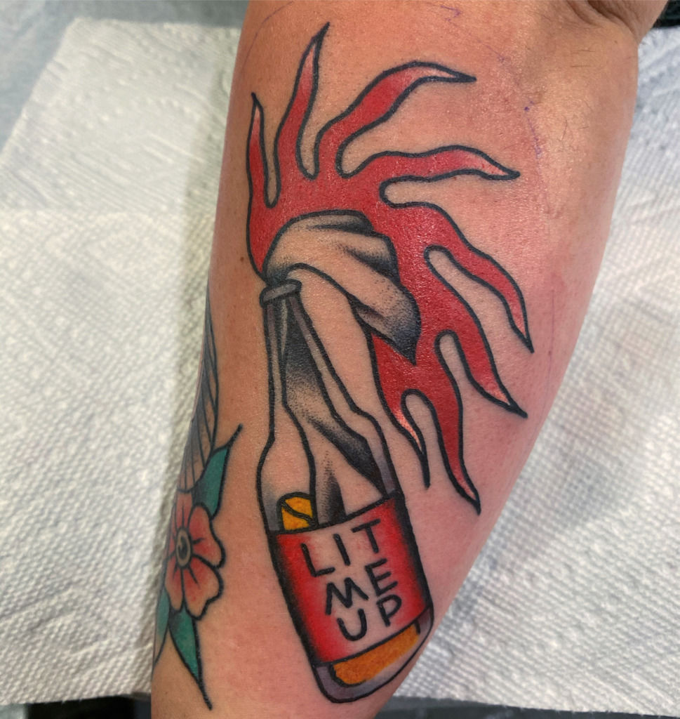 Molotov cocktail done by Max @Zephyr Tattoo in Jönköping, Sweden : r/tattoos