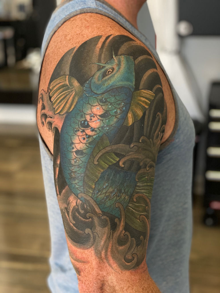 dannytattooer:koi-fish-cover-up-tattoo-koi-fish-tattoo-japanese-tattoo -japanese-sleeve-cover-up-tattoo-1819-tattoo -co-in-flowery-branch-color-japanese-tattoo-tattoo-shop-near-me
