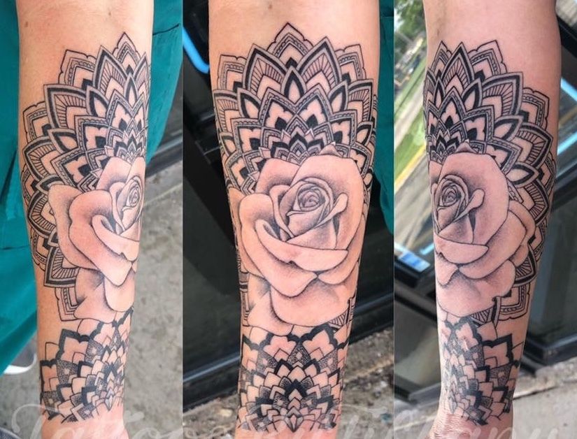 tattoosbytiffany:mandala-forearm-forearm-half-sleeve-mandala-rose
