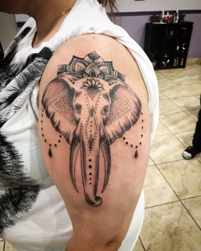 Gempin Tattoo - Got to do this cute hamsa elephant today for @tash_kerlinox  . #tattoo #tattooist #hamsa #hamsahand #hamsatattoo #dotwork #mandala # mandalatattoo #thightattoo #elephanttattoo #elephant #ornamentaltattoo  #tattoobirmingham ...