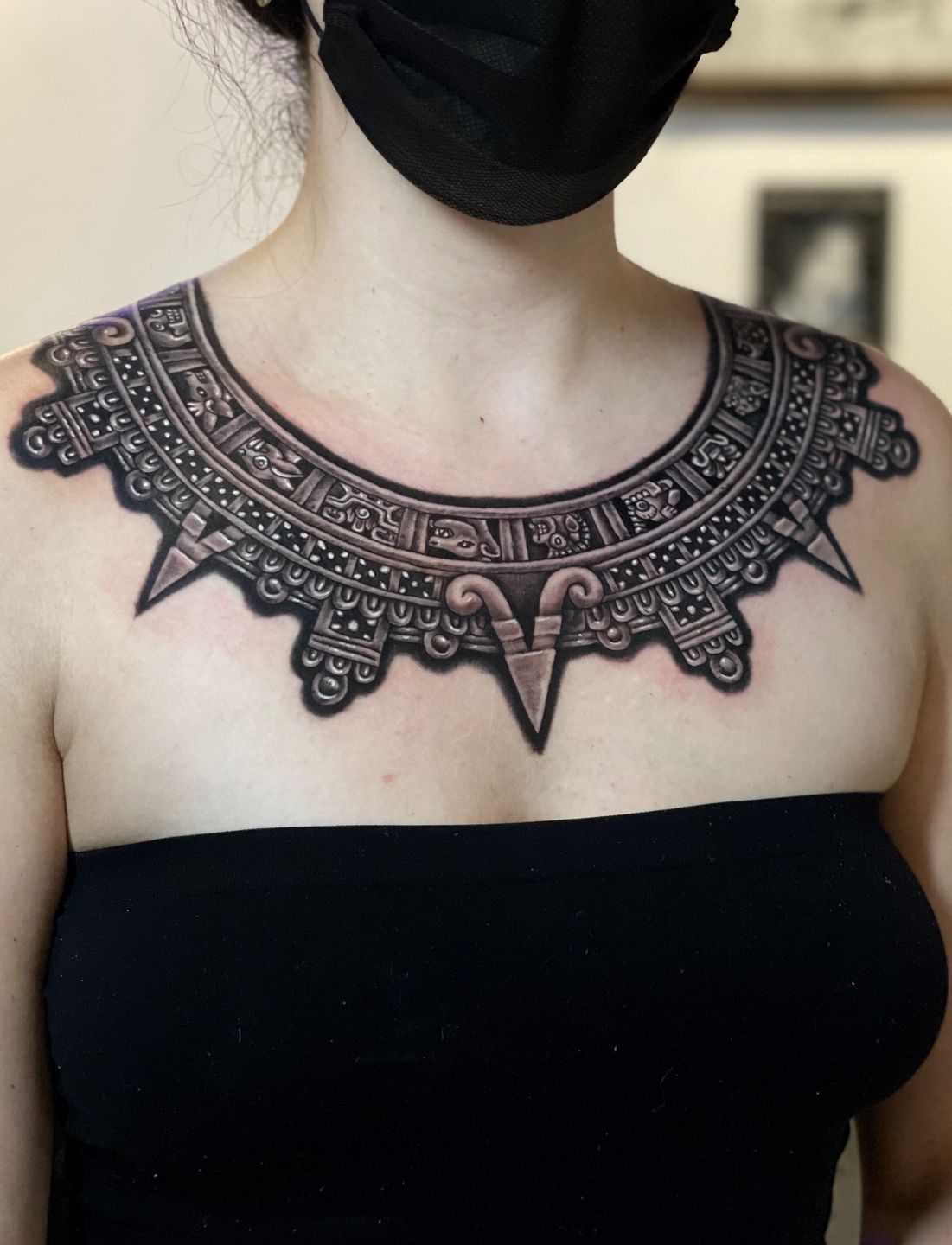 Tattoo uploaded by Ross Howerton • A Tlaloc (god of the rains) necklace  tattoo by Goethe (IG—tattoosbygoethe). #Aztec #color #death #fineart  #Goethe #Tlaloc #Underworld • Tattoodo