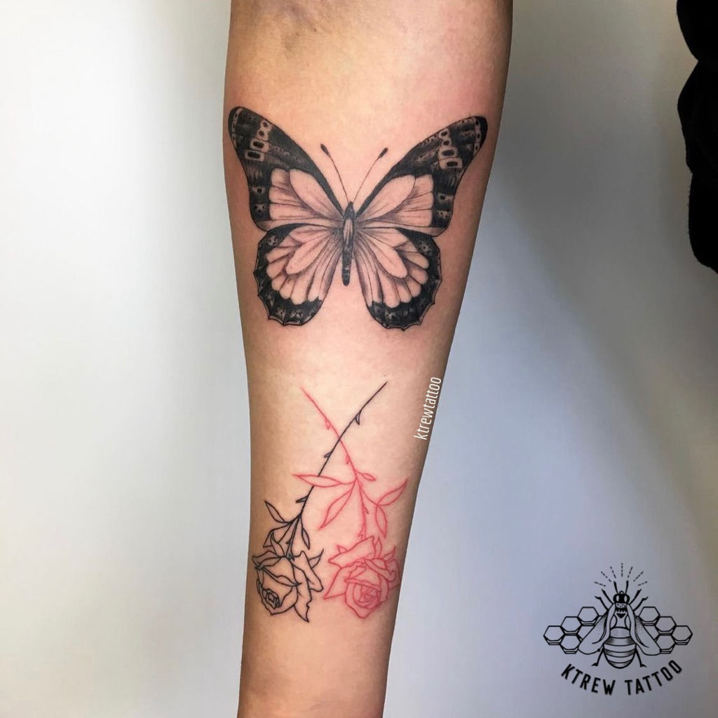 ktrewtattoo:blackwork-butterfly--linework-roses-tattoo-by-kirstie ...