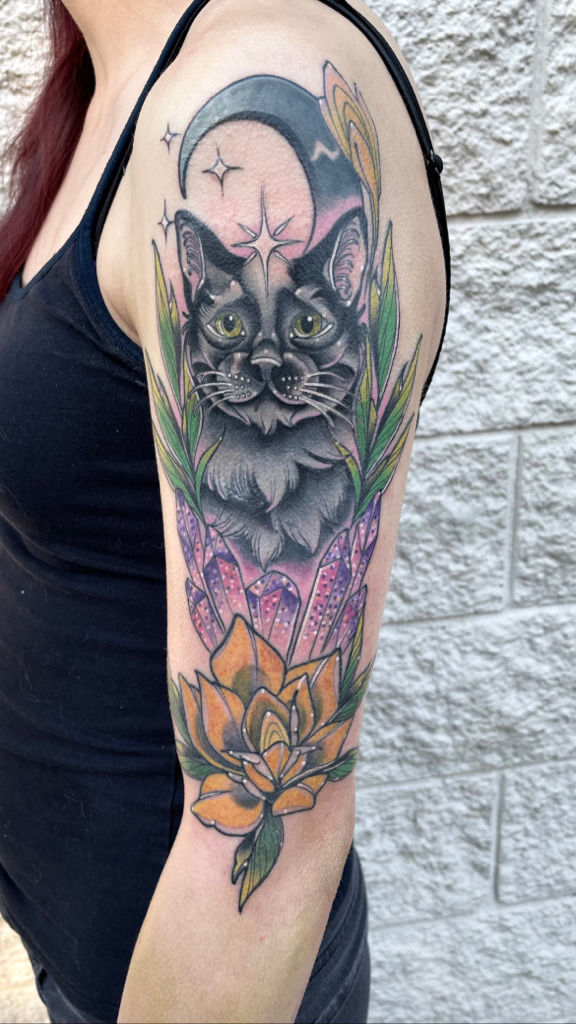 derrickoneal:cat-portrait-tattoo -columbustattoo-derrickjamestattoos-derrick-oneal-cat-cat-tattoo -color-color-tattoo-crystal-crystal-tattoo-floral-tattoos-rose-rose-tattoo -neotraditionaltattoo