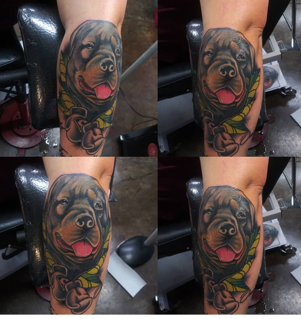 Tattoo uploaded by Stacie Mayer • Fall-themed dog tattoo by Alex Noir.  #realism #colorrealism #AlexNoir #Autumn #leaves #dog #portrait • Tattoodo