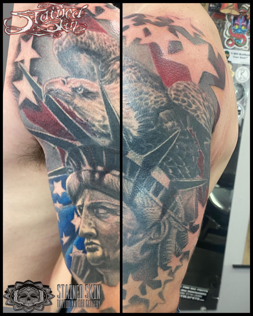 Left shoulder and arm 3D Eagle and Flag Tattoo  Veteran Ink