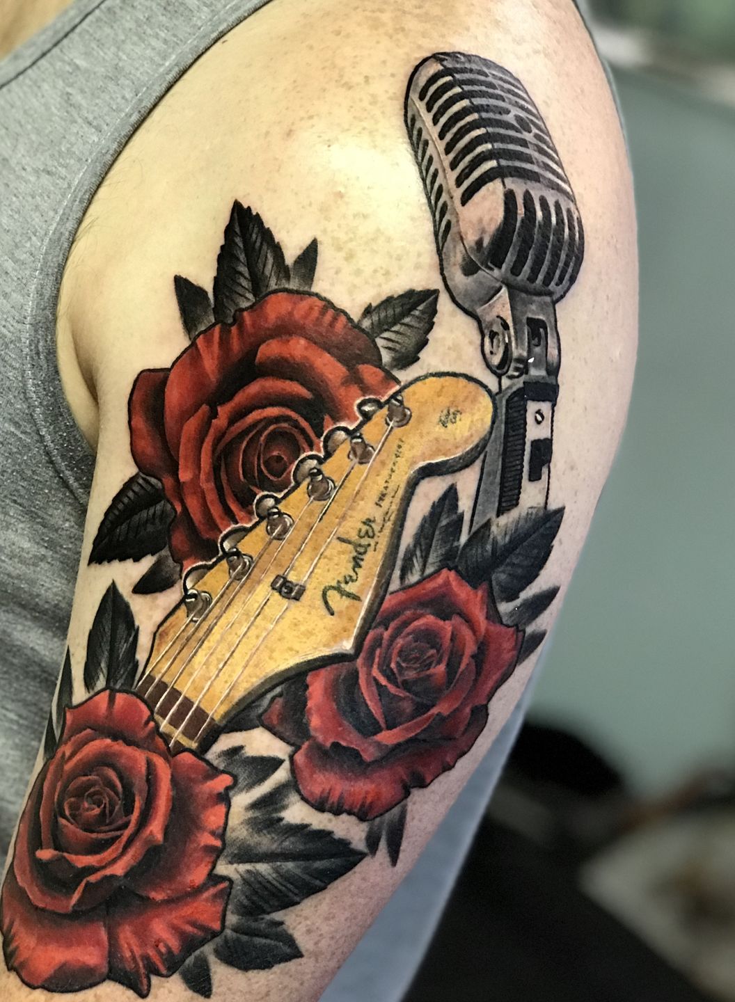 Guitar Piano and Microphone Tattoo Design