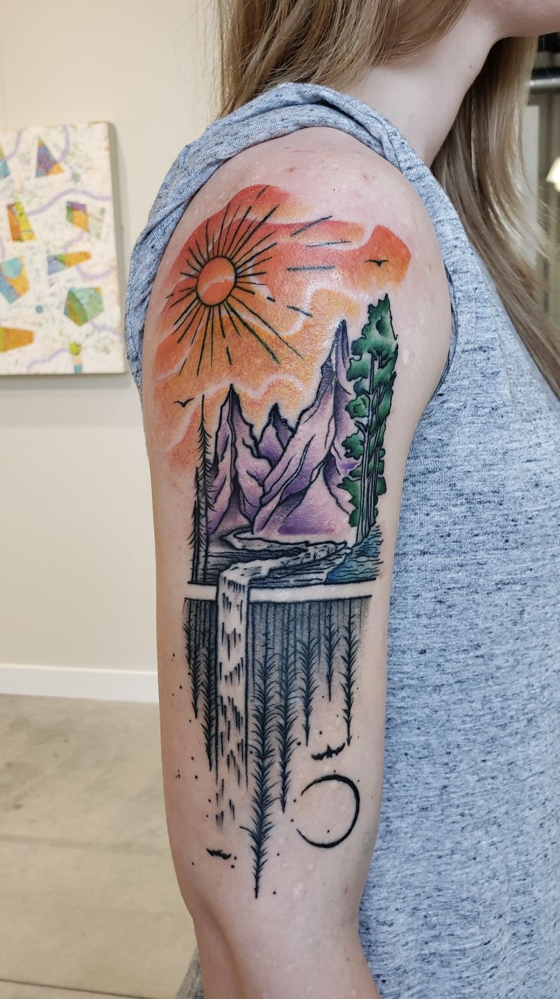 Waterfall and Moon Tattoo | Calf sleeve tattoo, Tattoos, Half sleeve tattoos  designs