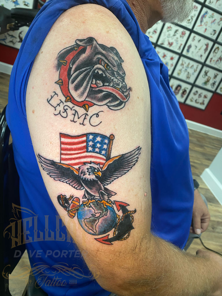 Started in the framework for josh on his Marine Corps Moto tattoo today.  Much more to come on this kbar! Enjoy! #redsk… | Marine corps tattoos,  Tattoos, Usmc tattoo
