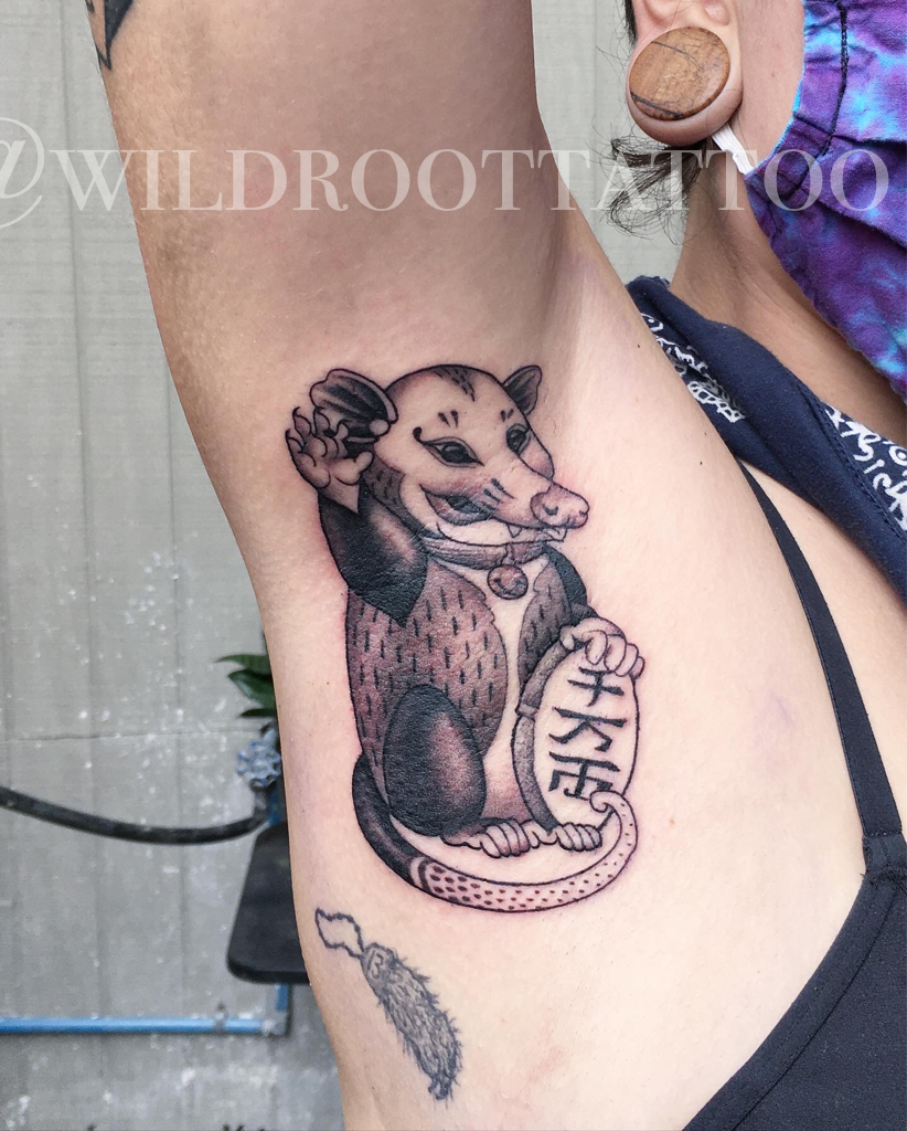 prompthunt tattoo of an opossum flying a plane