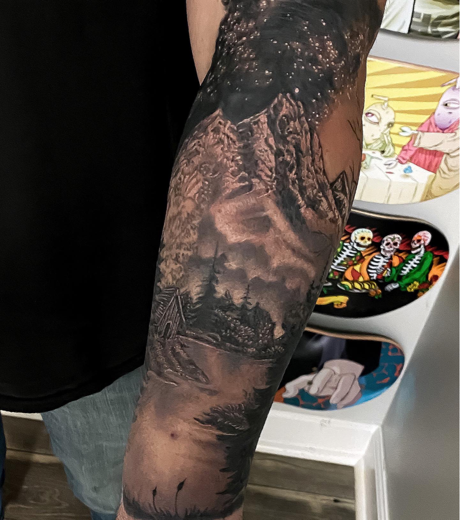dannytattooer:black-and-grey-mountain-scene-tattoo-custom-tattoo-cover ...