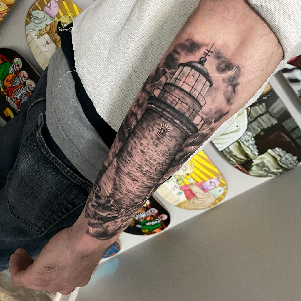 lighthouse tattoo black and grey