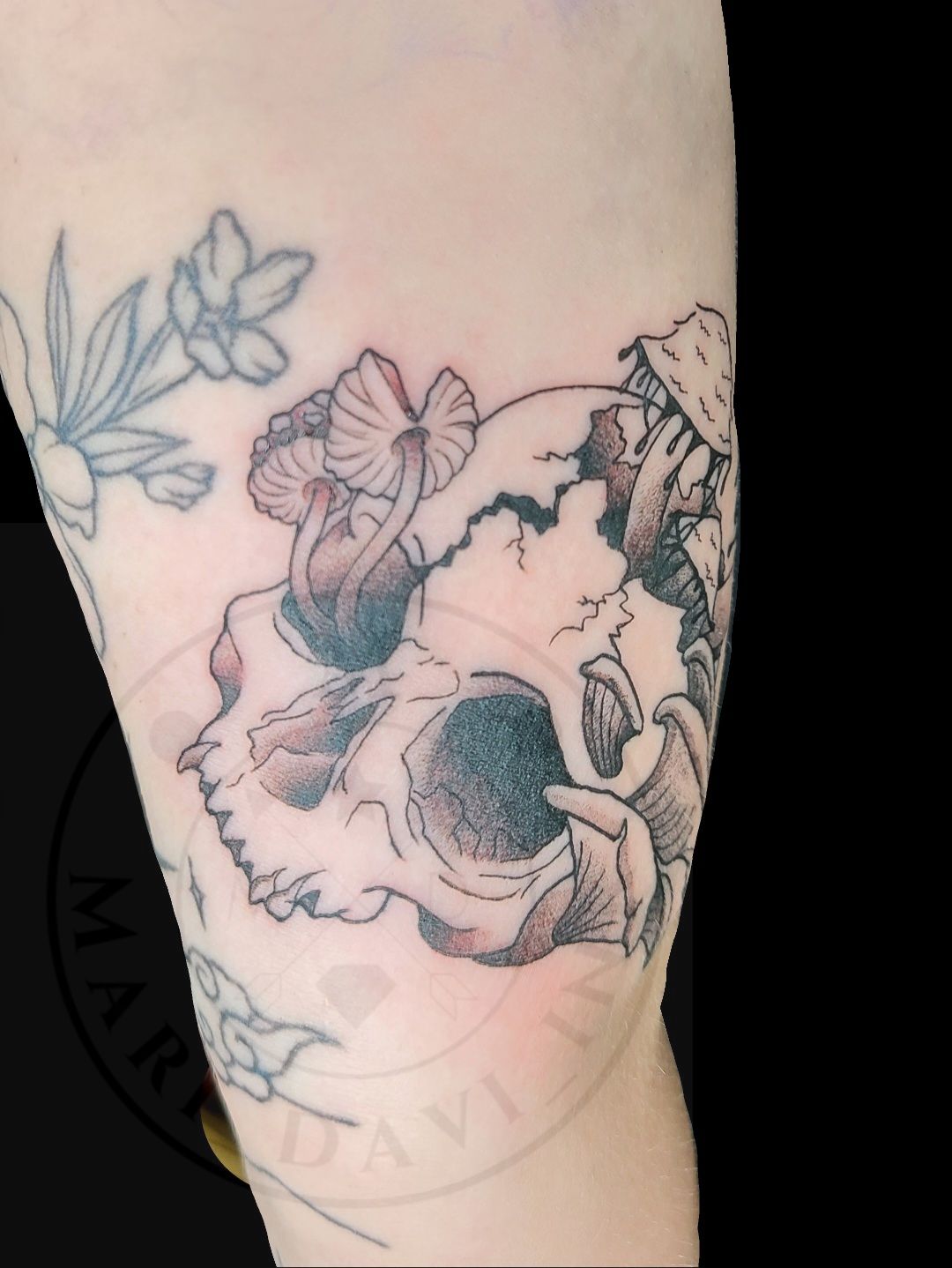 Tenderfoot Studio on Instagram Mushroom skull by guest artist derpwaara     Leg tattoos Cool tattoos Tattoos