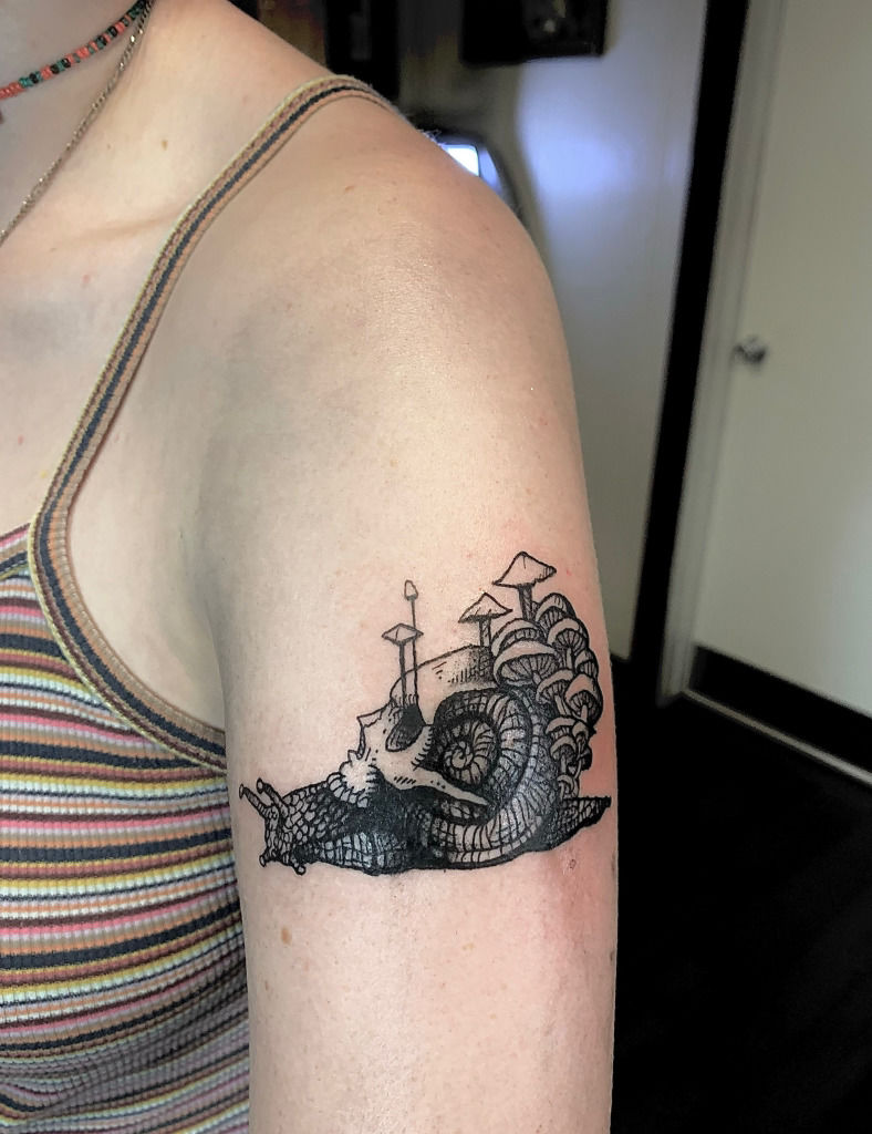 Neotraditional mushroom snail by  The Tattoo Movement  Facebook