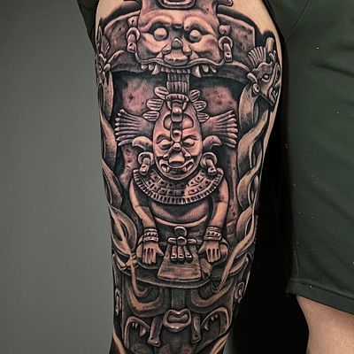 Tattoo uploaded by Alo Loco Tattoo • Mayan Aztec Indio half sleeve tattoo,  London, UK | #blackandgrey #realistic #tattoos #halfsleevetattoos • Tattoodo