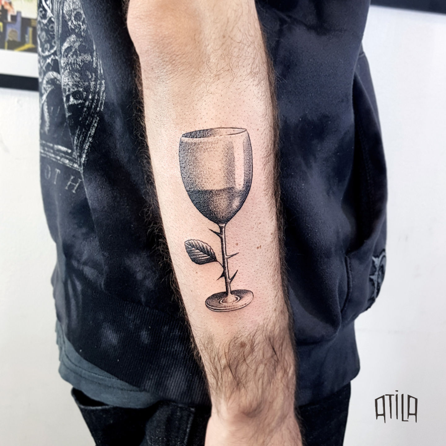 handpoke tattoo of a black and white wine glass, stick | Stable Diffusion