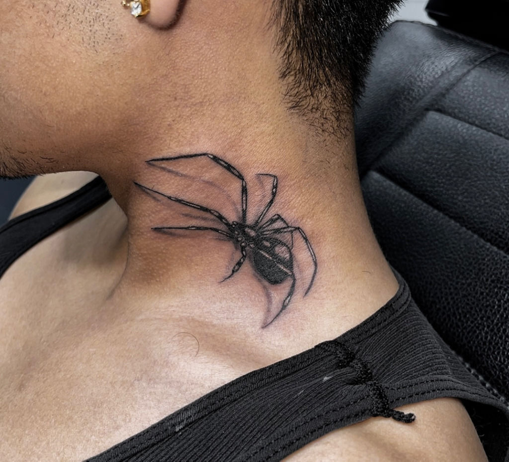 Black Widow Spider Tattoo on Man Side Neck