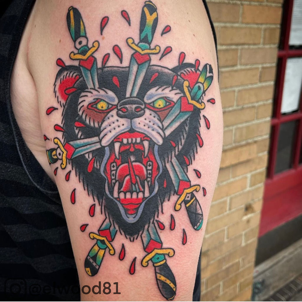 NeoTraditional bear by Sean Tyler at Blue Collar Ink in Costa Mesa CA   rtattoos