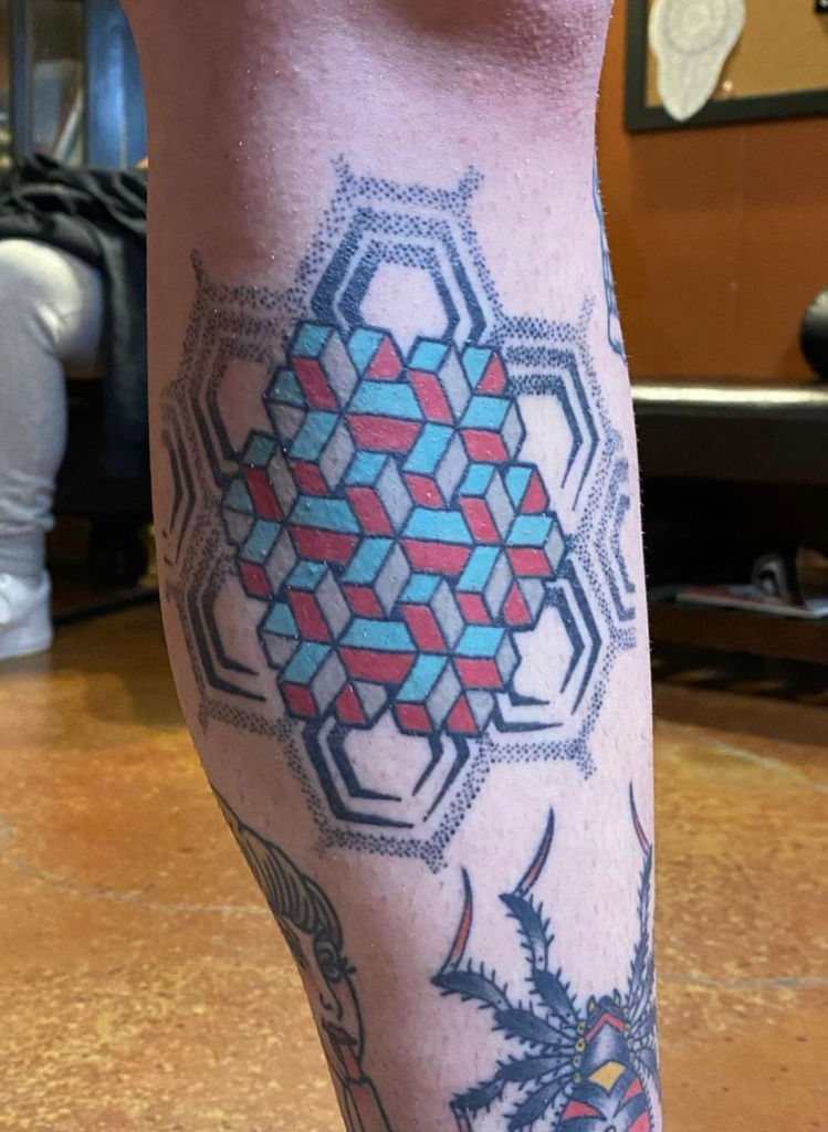 Tattoo uploaded by Marloes Lupker • Elemental hexagon geometric dotwork  tattoo (Maori turtle not mine) #geometry #geometric #Hexagons #elements  #elemental #pattern #dotwork #marloeslupker #air #water #fire #earth  #diamondshape #honeycomb • Tattoodo