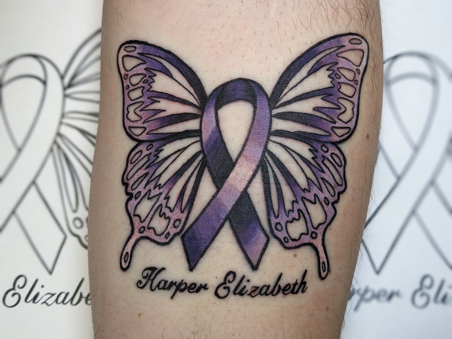 purple ribbon butterfly tattoo