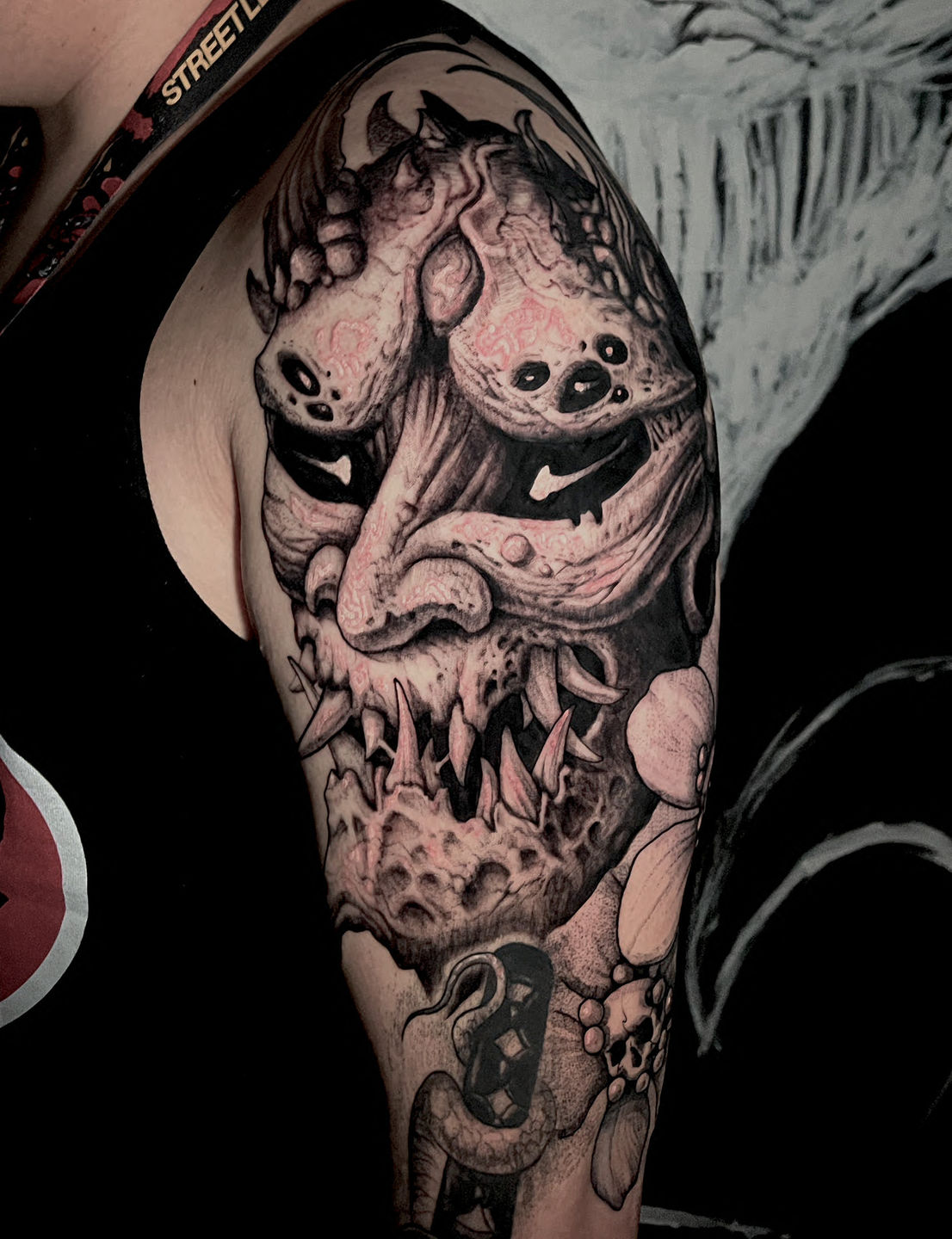 jamie:spiked-skulls-blackwork-illustrative-tattoo -fantasy-art-dark-art-spooky-art-spooky-spooky-tattoo -halloween-blackworker-artwork
