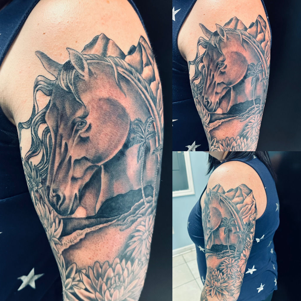 Tattoo tagged with: black and grey, danielberdiel, animal, horse, facebook,  twitter, medium size, upper arm | inked-app.com