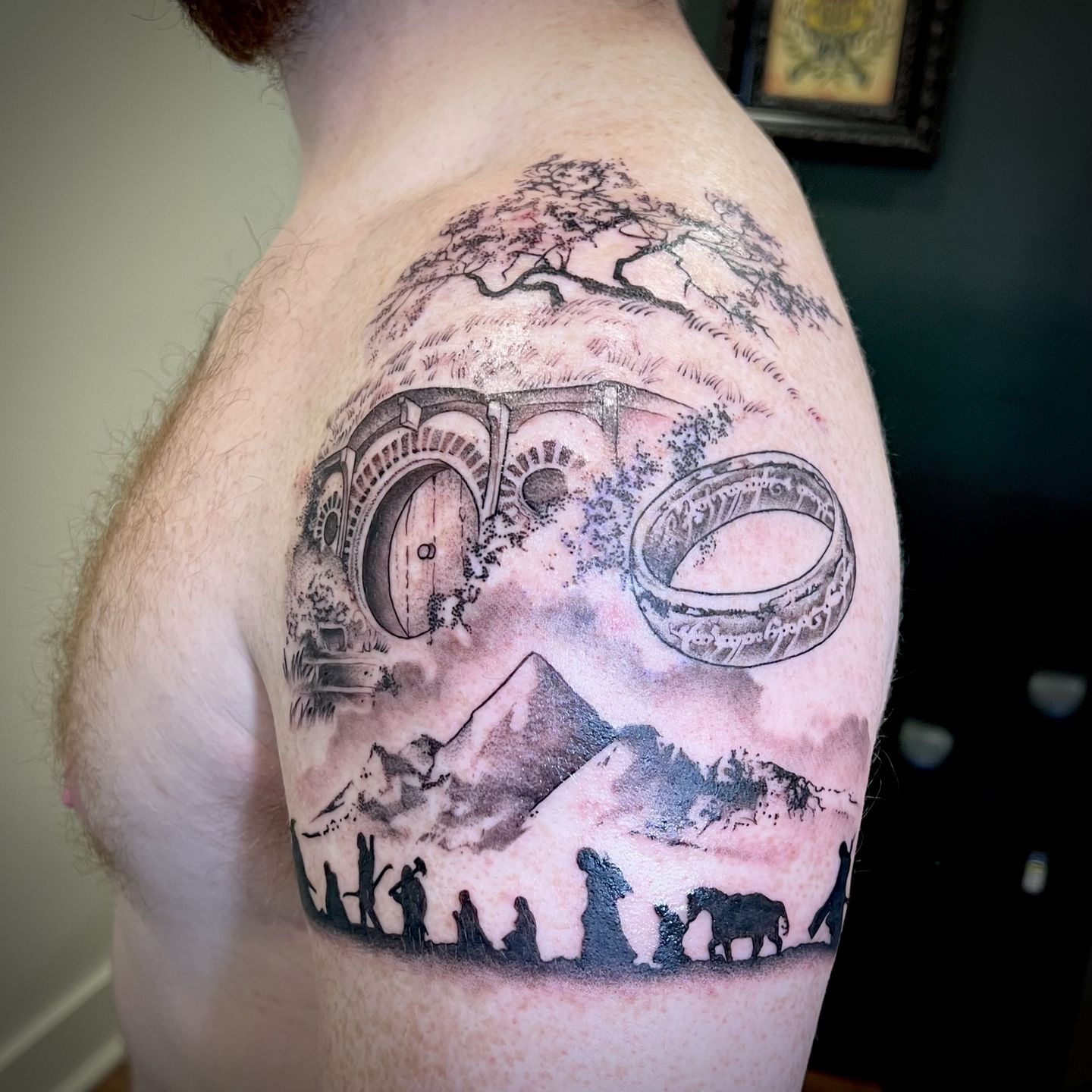 erinvaughntattooartist:the-journey-begins-lotr-tribute-lotr-hobbit-hole-the-shire- fellowship-black-and-gray