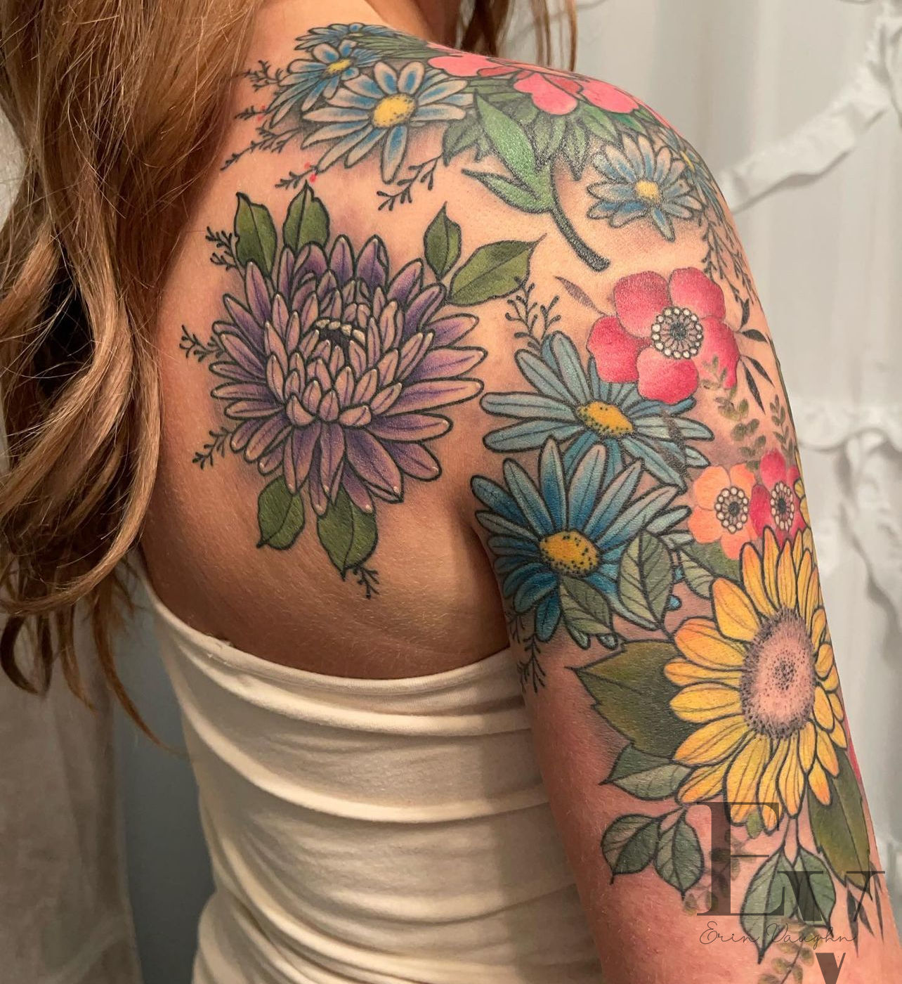 erinvaughntattooartist:this-tattoo -is-healed-client-submitted-photo-i-love-this-arm-garden-color-tattoos -floral-floral-half-sleeve-dahlia-daisy-sunflower-feminine-tattoo-bold